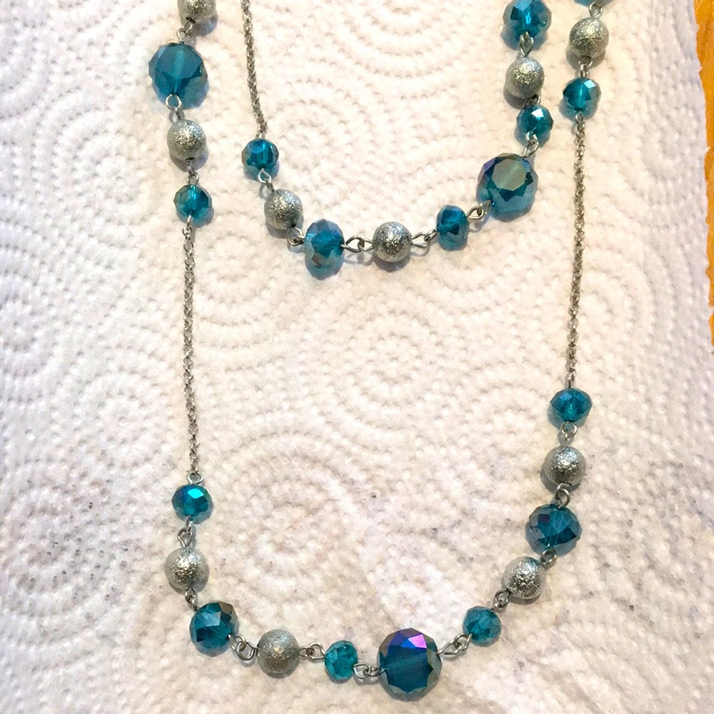 Beautiful Blue Beaded silver tone necklace